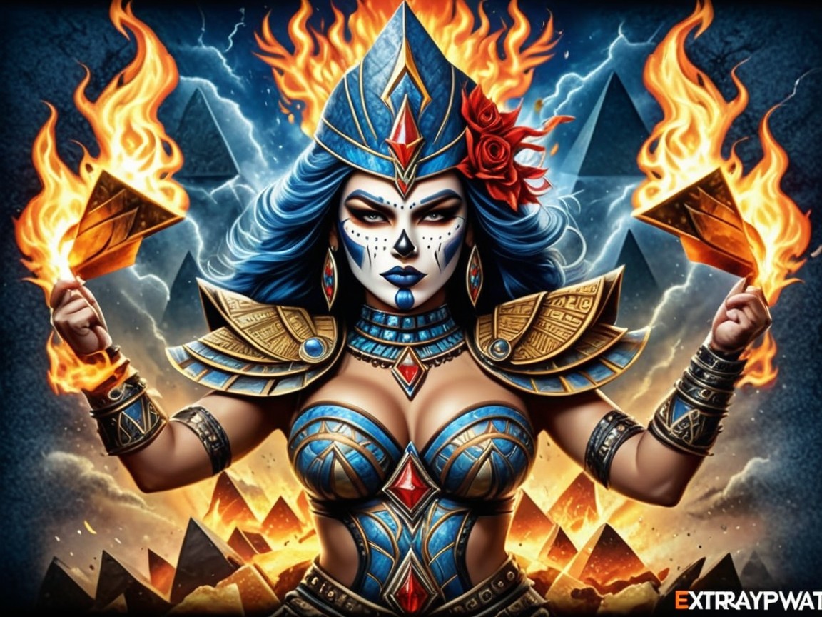 Powerful female figure in colorful ancient armor