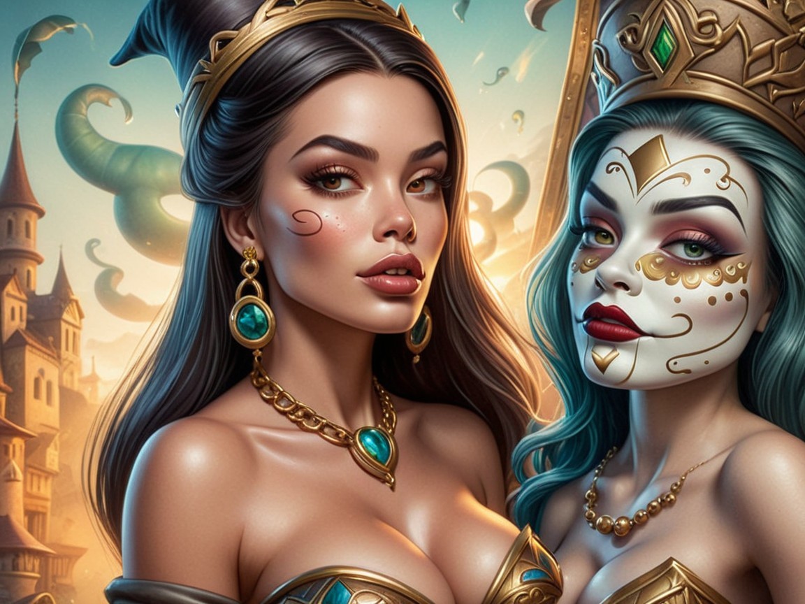 Elegantly Styled Women in Regal Attire and Fantasy Setting