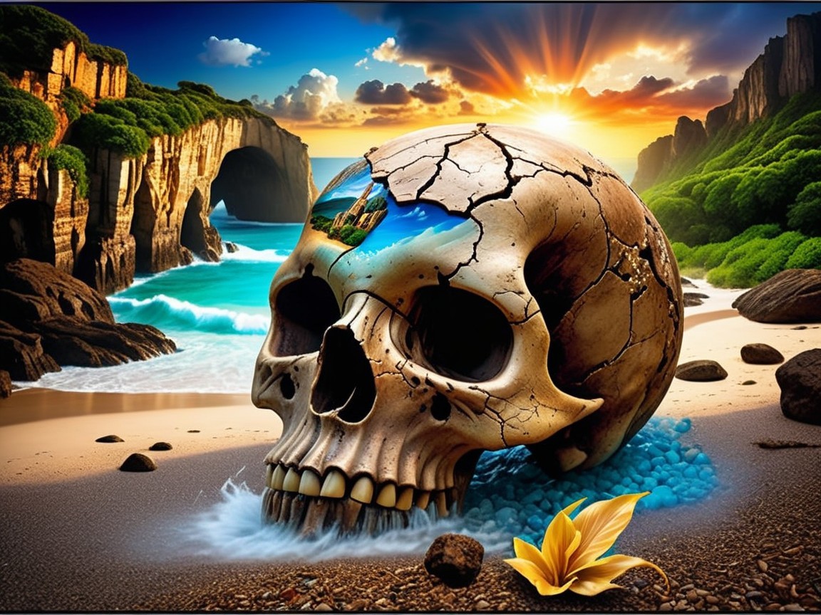Cracked Skull on Beach with Surreal Landscape Reflection