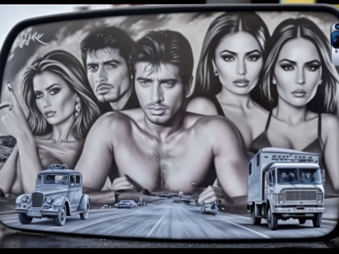 Monochromatic Mural of Stylish Figures and Vintage Cars