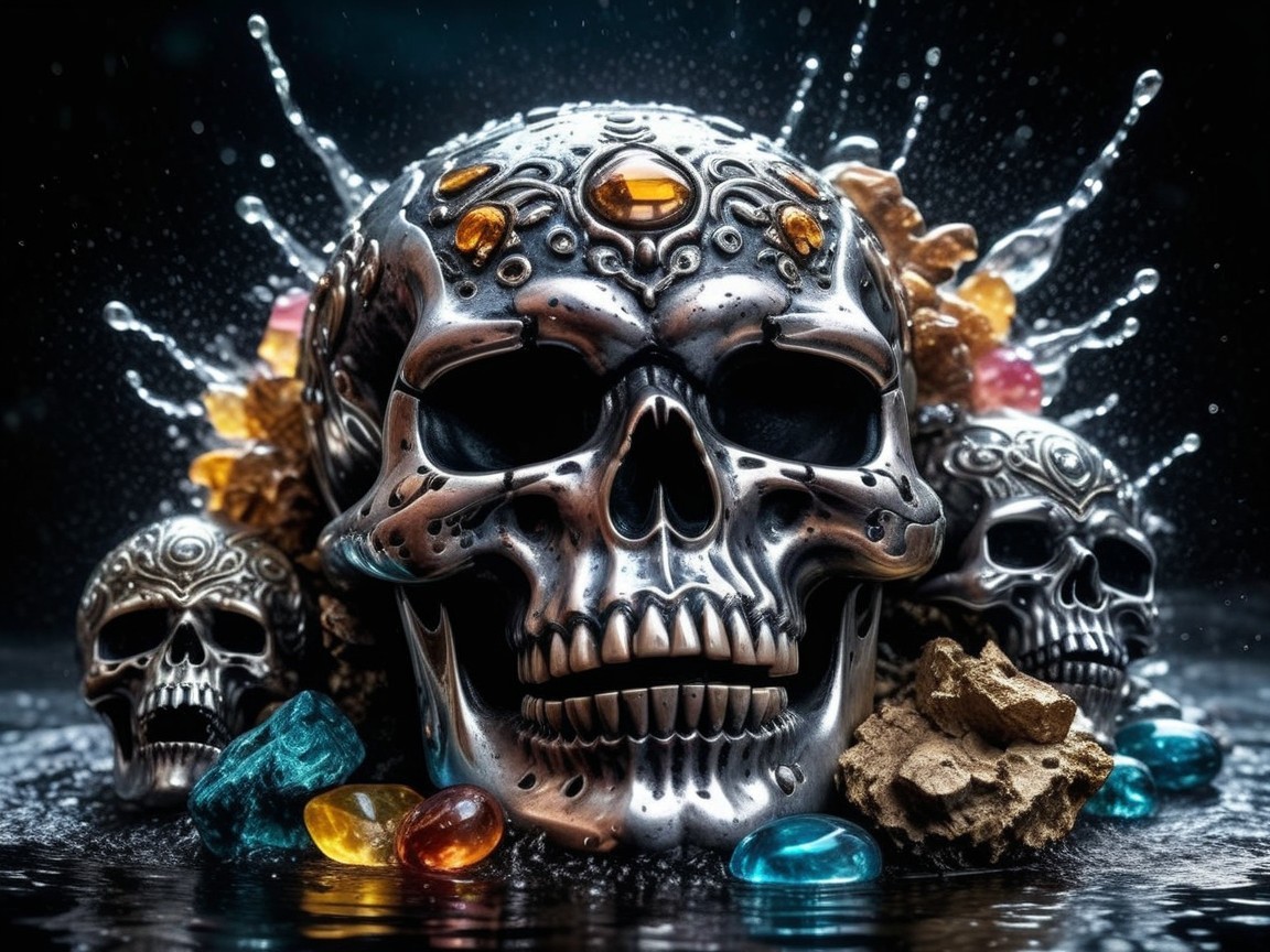 Metallic Skulls with Gemstones and Water Splash