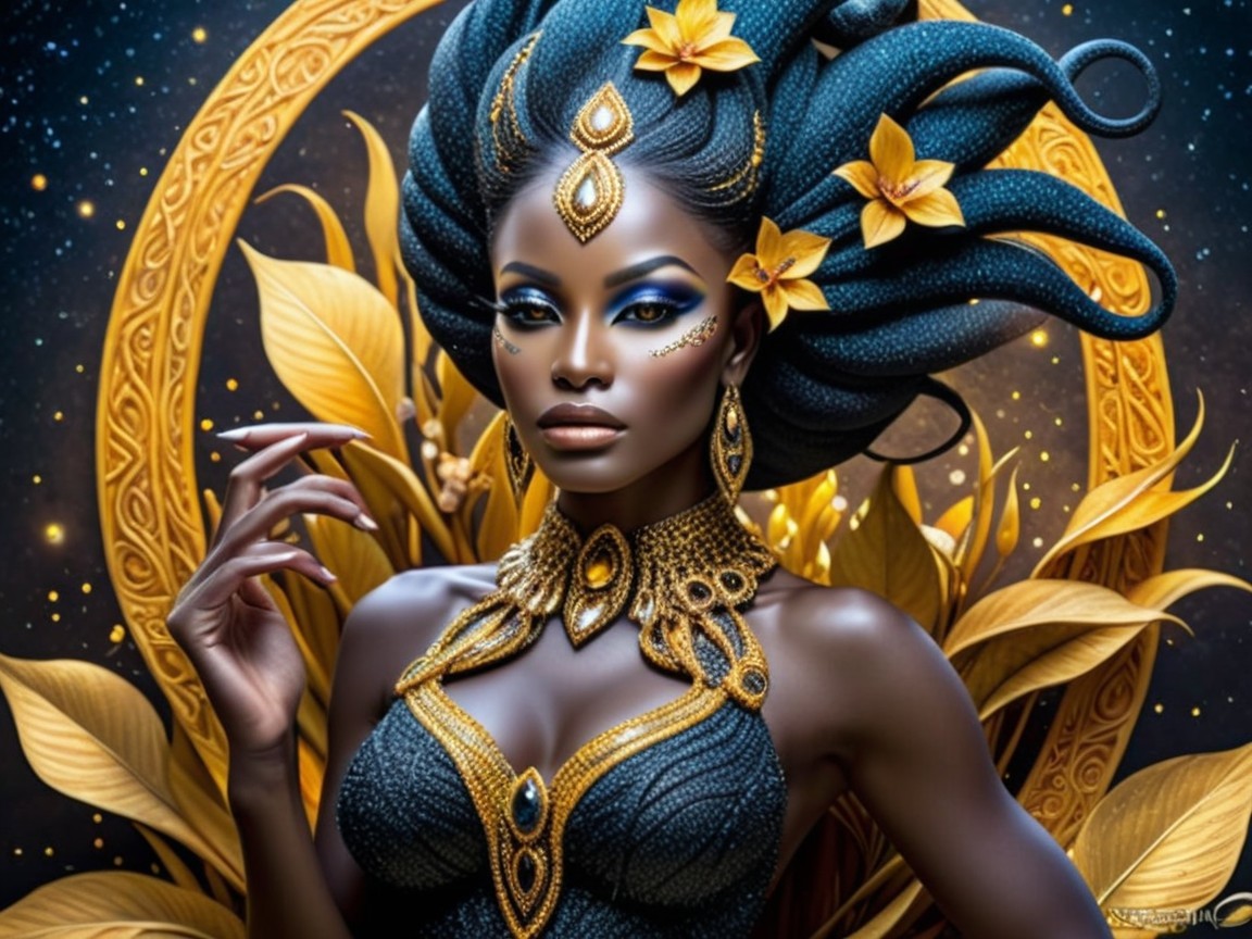 Young Woman with Braids in Cosmic Setting and Jewelry