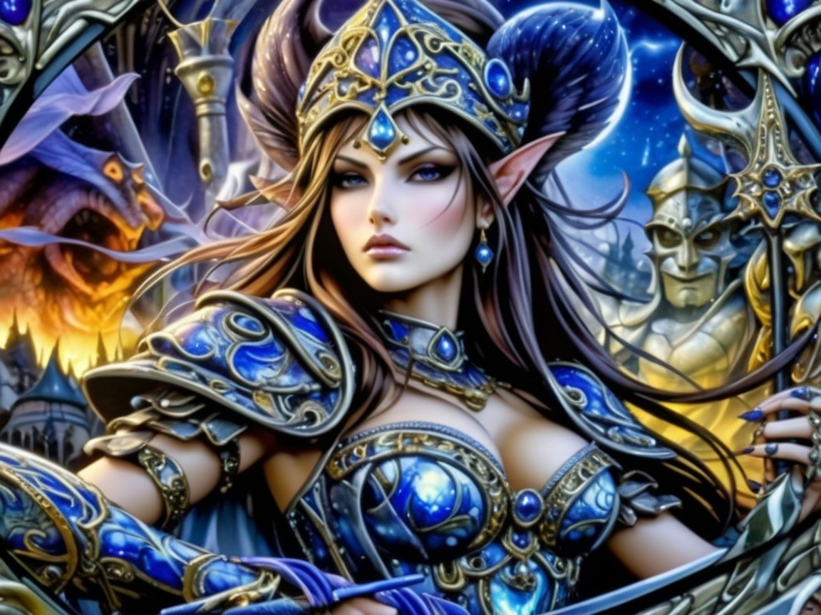 Fantasy Warrior in Ornate Armor with Dragon and Golem