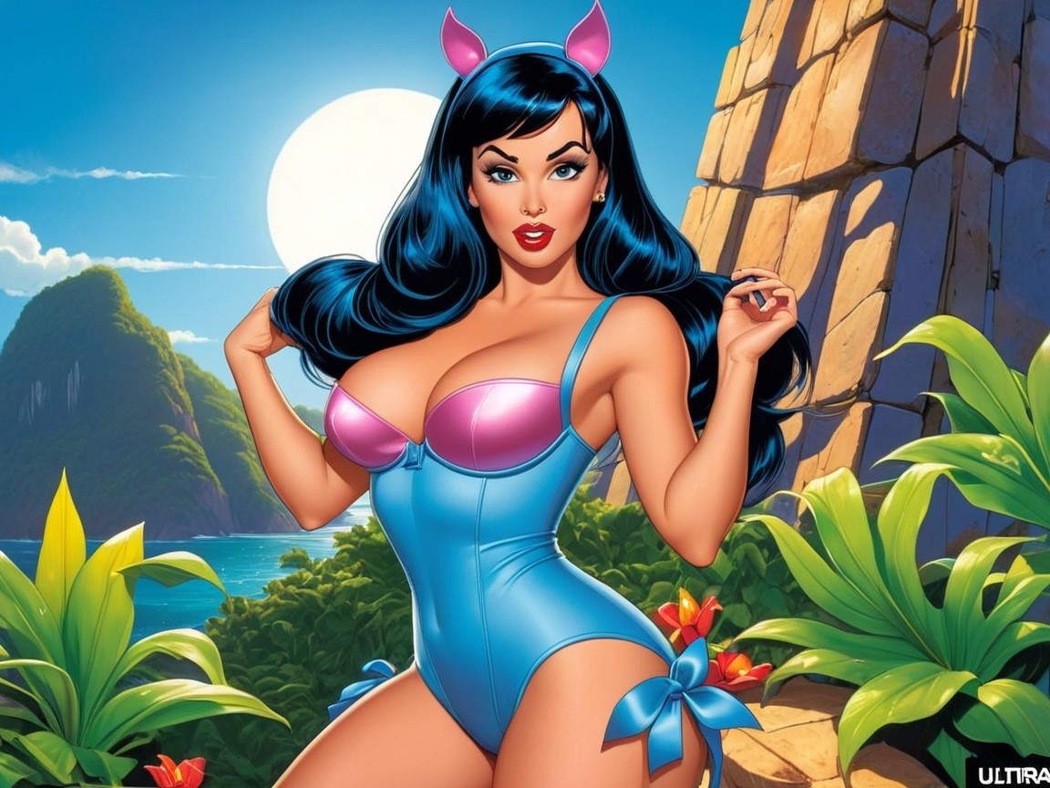 Cartoonish Woman in Vibrant Swimsuit Amid Tropical Scene