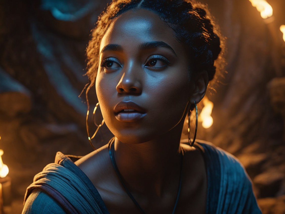 Young woman in contemplation with dramatic flames background