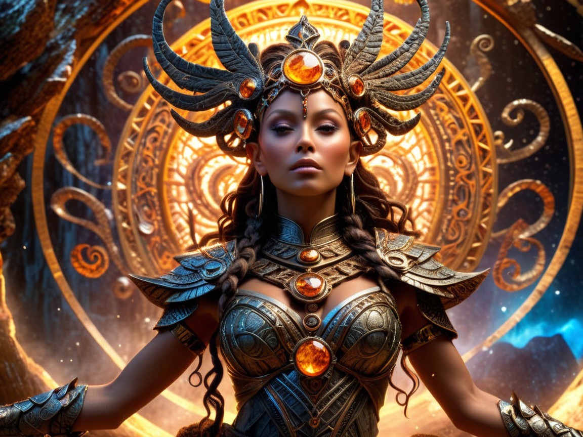 Mythical Figure in Ornate Armor and Majestic Headdress