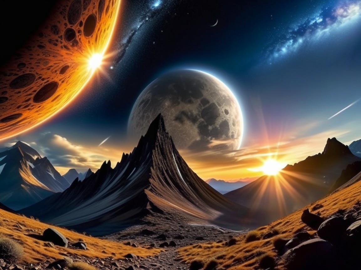 Cosmic Landscape with Mountains and Vibrant Sunset