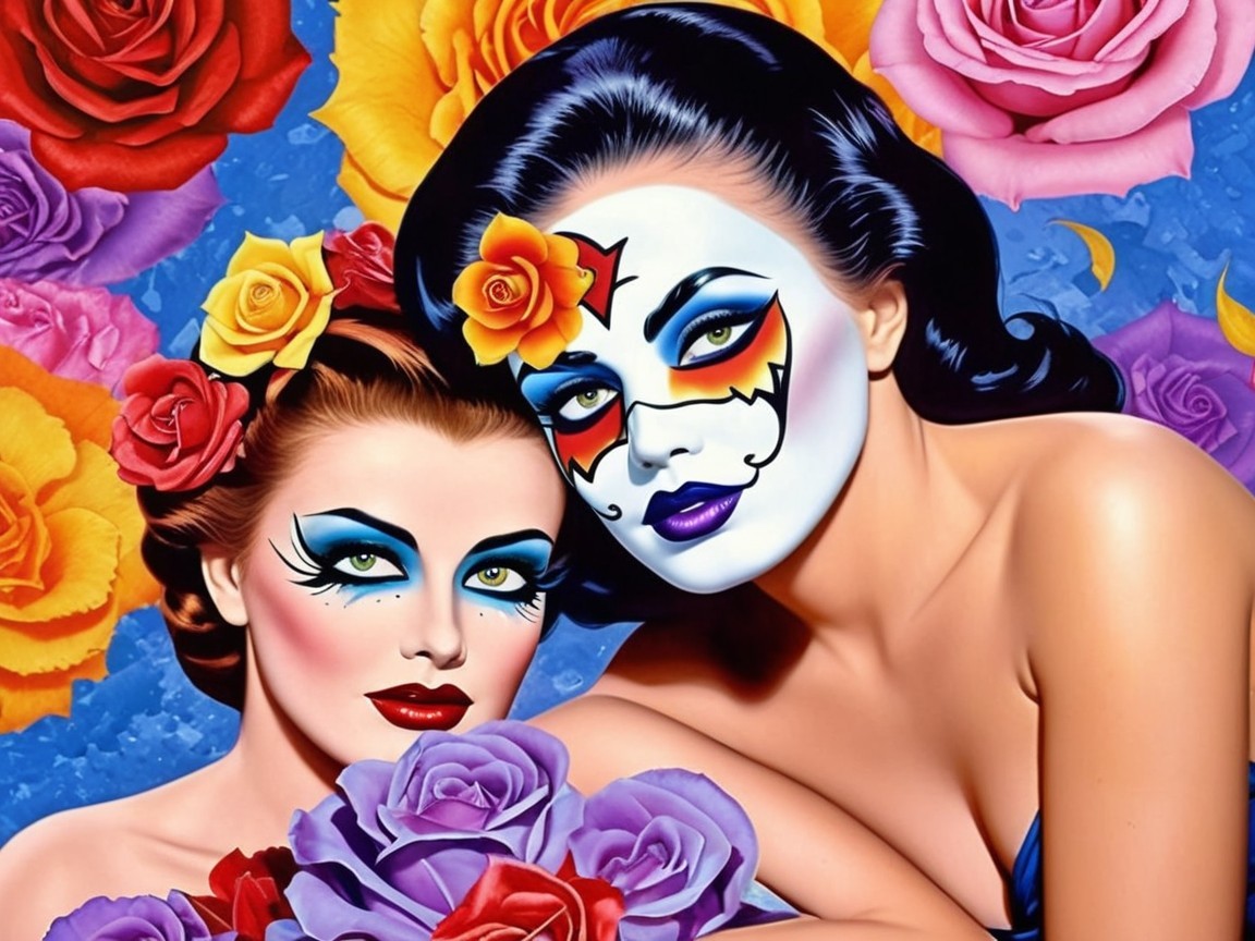 Women with Bold and Dramatic Makeup Surrounded by Roses