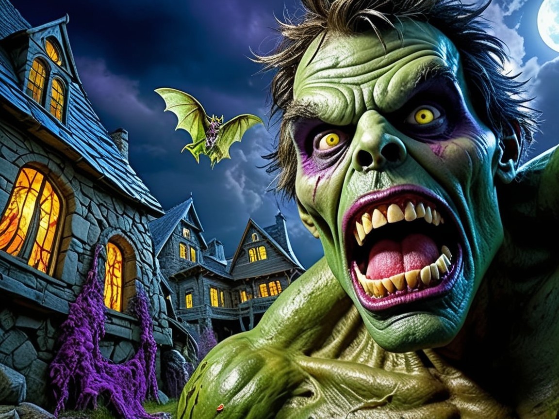 Monstrous Green Creature Before Gothic Mansion at Night