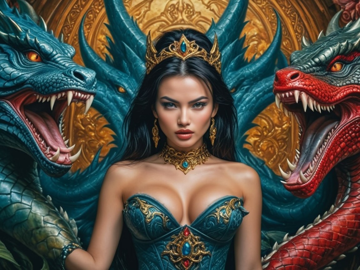Regal Woman with Dragons in Ornate Gown and Crown