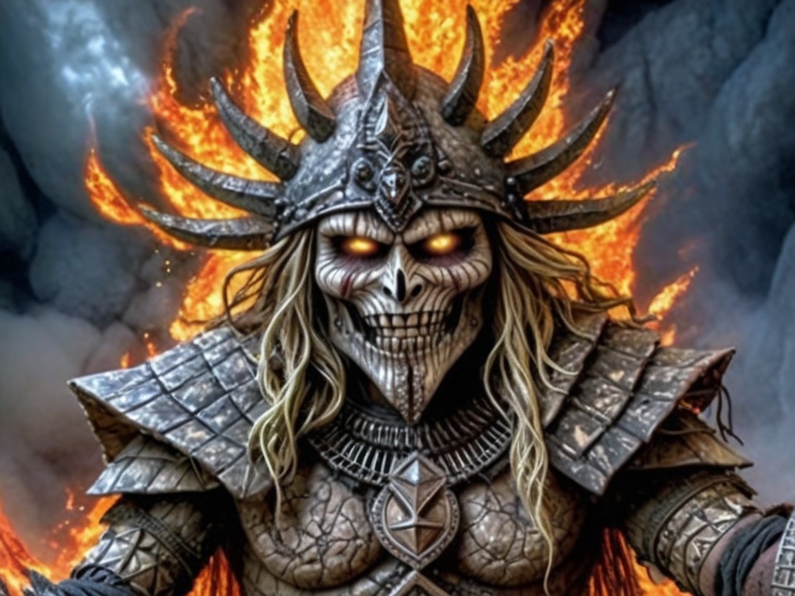 Fierce Skeletal Figure in Ornate Armor with Flames