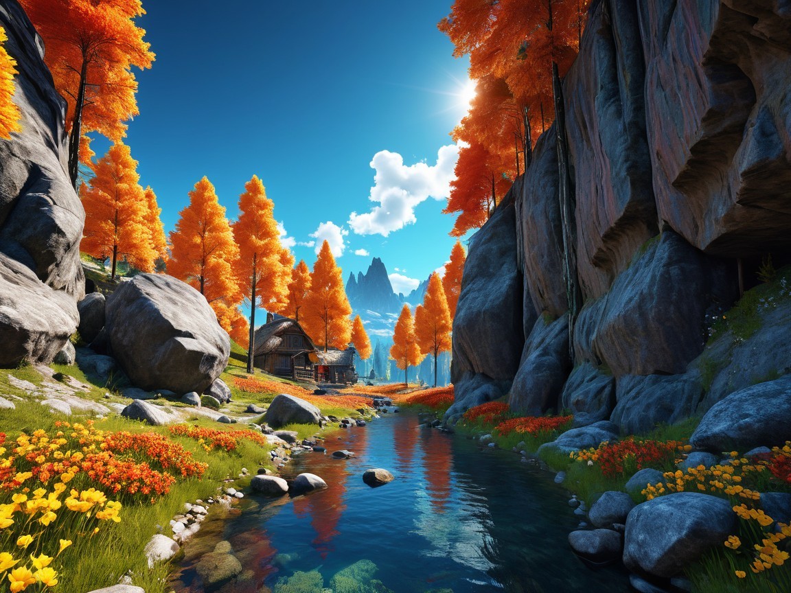 Vibrant Landscape with River, Mountains, and Cabin