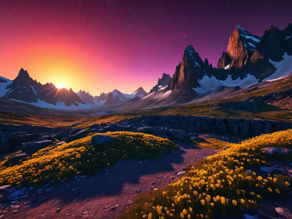 Sunset Landscape with Mountains and Blooming Flowers