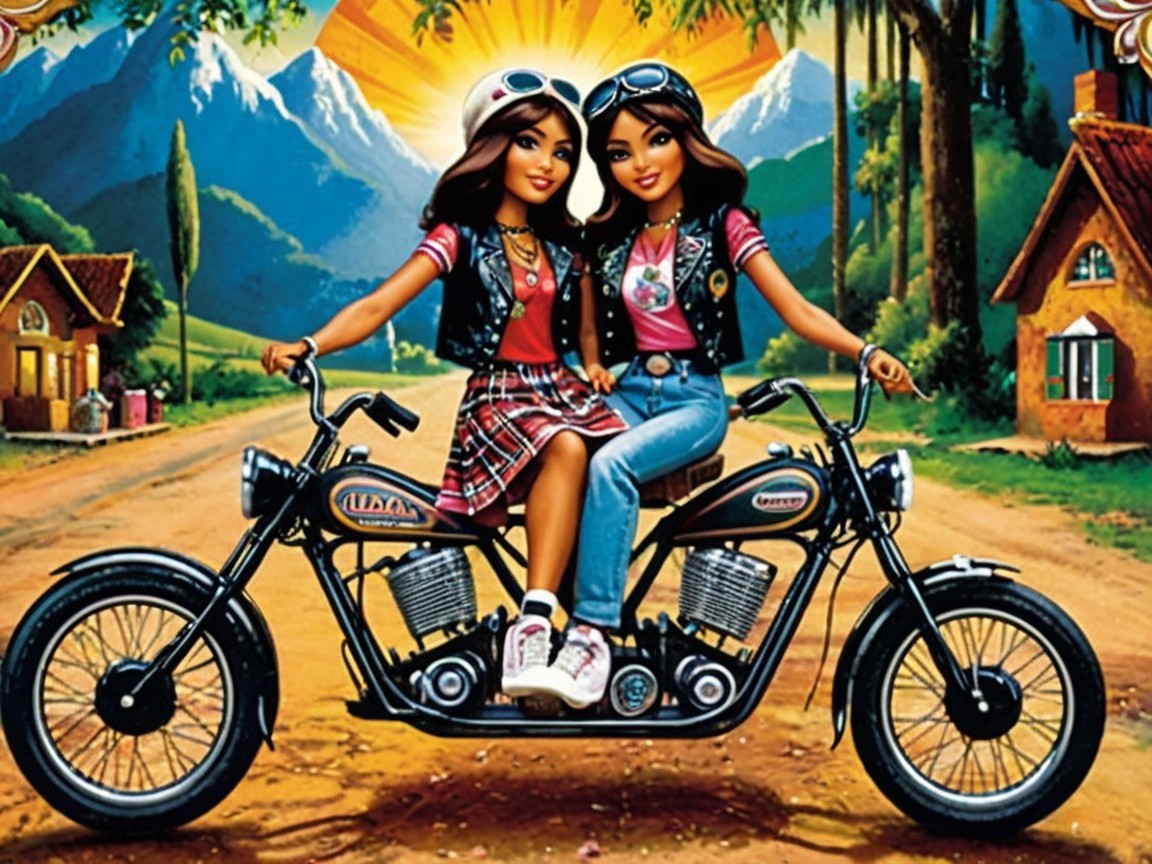 Stylish Dolls on Motorcycle in Scenic Landscape