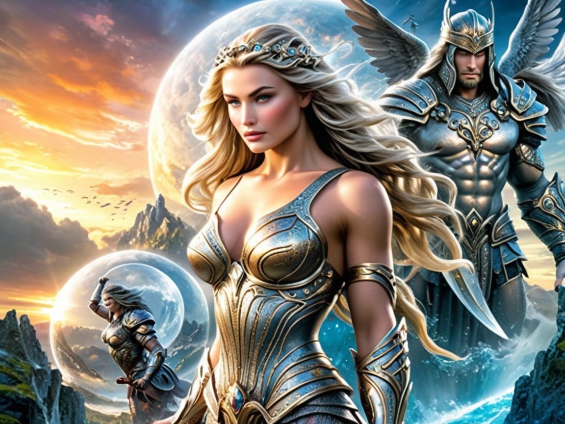 Fantasy Warriors in Ornate Armor with Ethereal Background