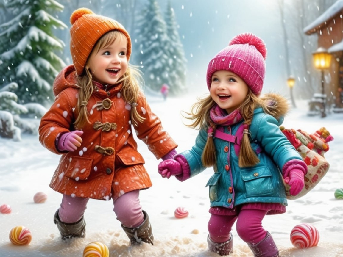 Two girls in winter attire playing in the snow