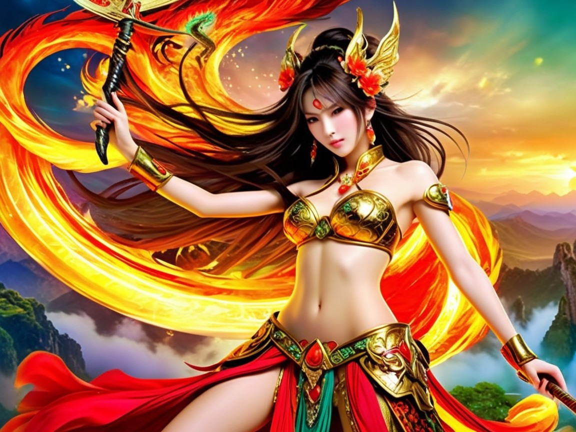 Fierce Warrior in Golden Armor Against Flames and Mountains