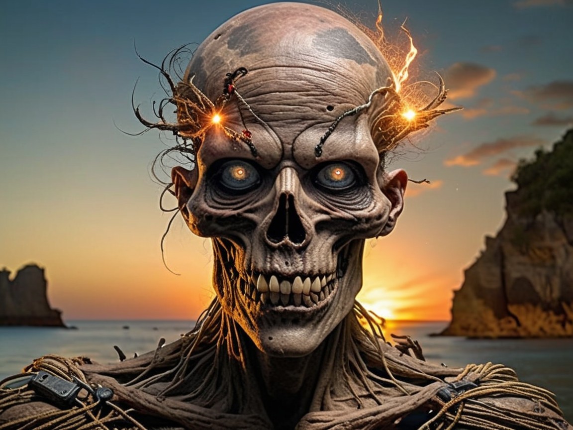 Skeletal Figure with Glowing Eyes at Sunset Cliffs