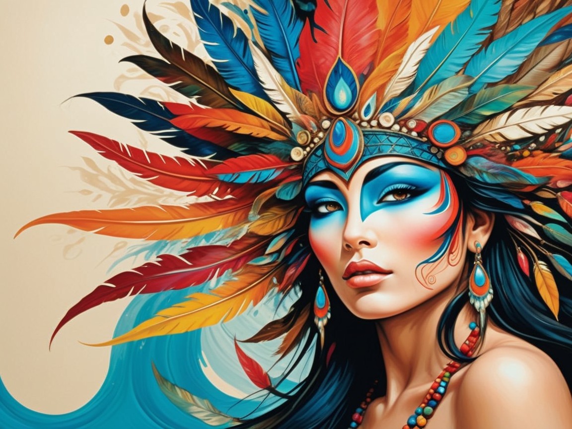 Vibrant Woman with Feathered Headdress and Tribal Makeup