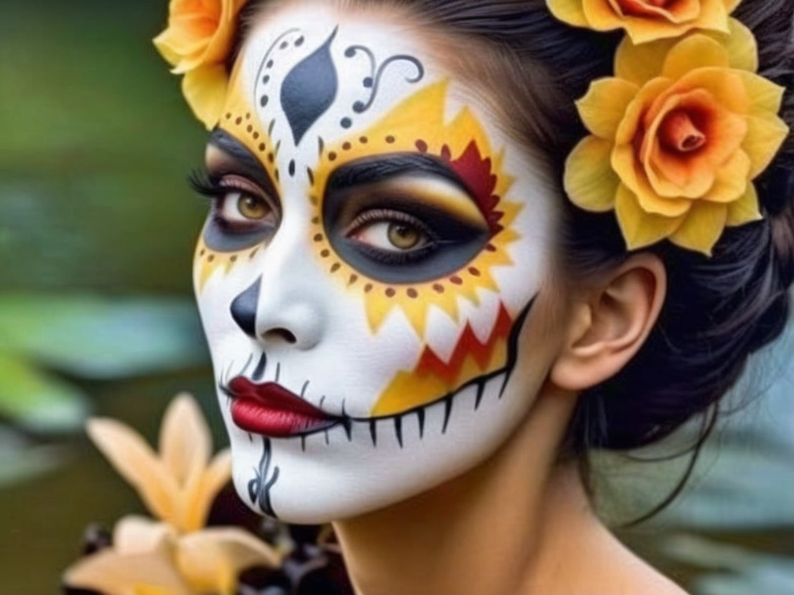 Woman with Skull Makeup and Floral Crown in Nature