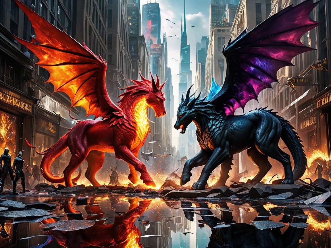 Dragons Clash in Chaotic Urban Battle Scene