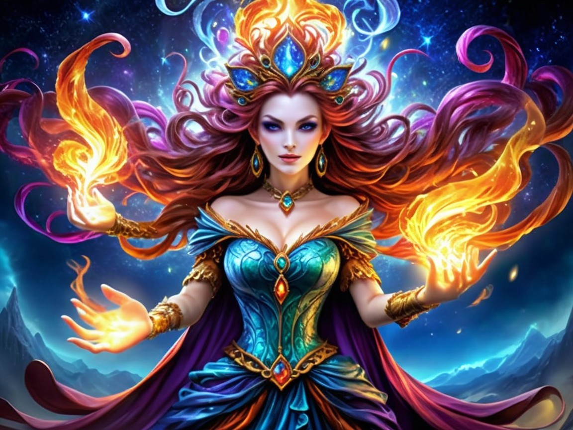 Majestic sorceress conjuring fire in a starry backdrop