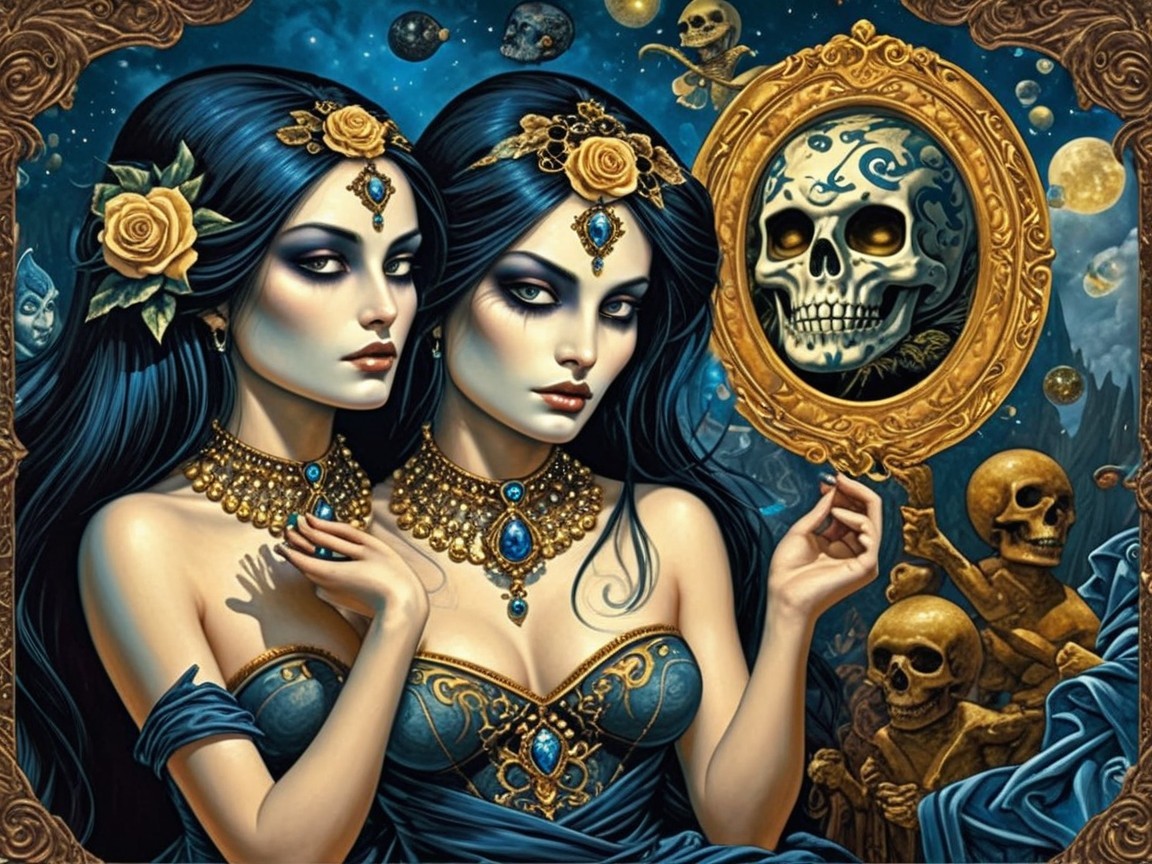 Twin Sisters in Elegant Gowns with Cosmic Background