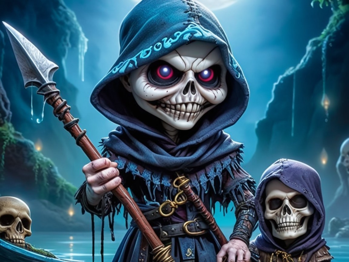 Cartoonish figure in cloak with glowing red eyes