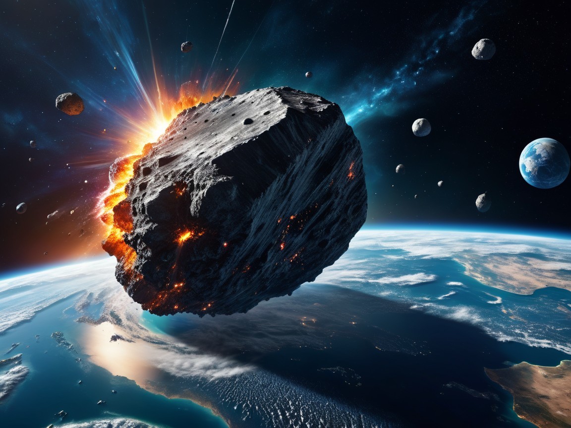 Colossal Asteroid with Flames Near Earth in Space