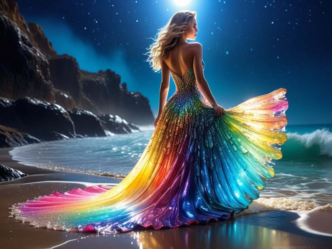 Woman in Vibrant Gown by Starlit Shoreline