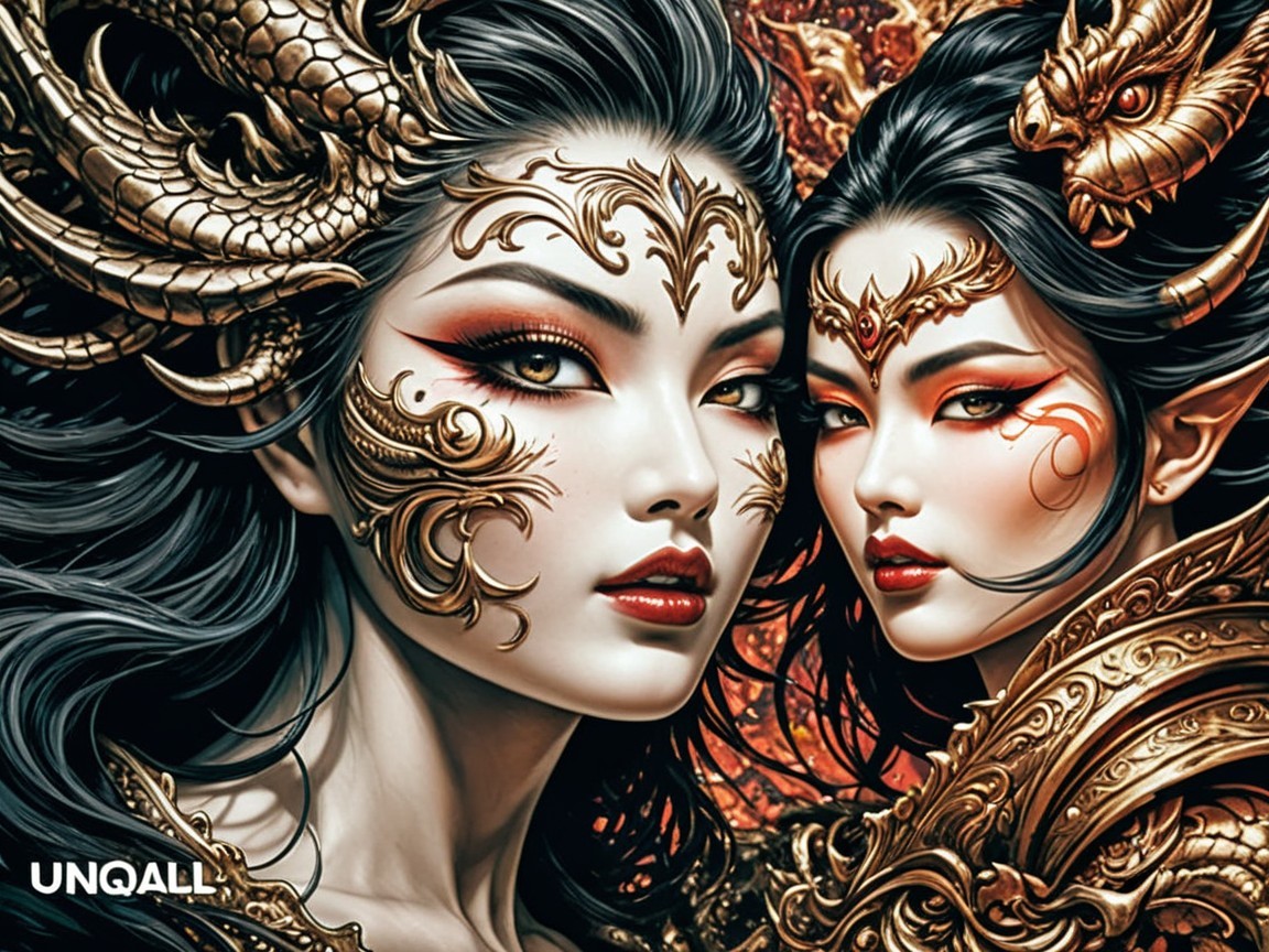 Female Figures with Gold and Red Patterns in Fantasy Theme