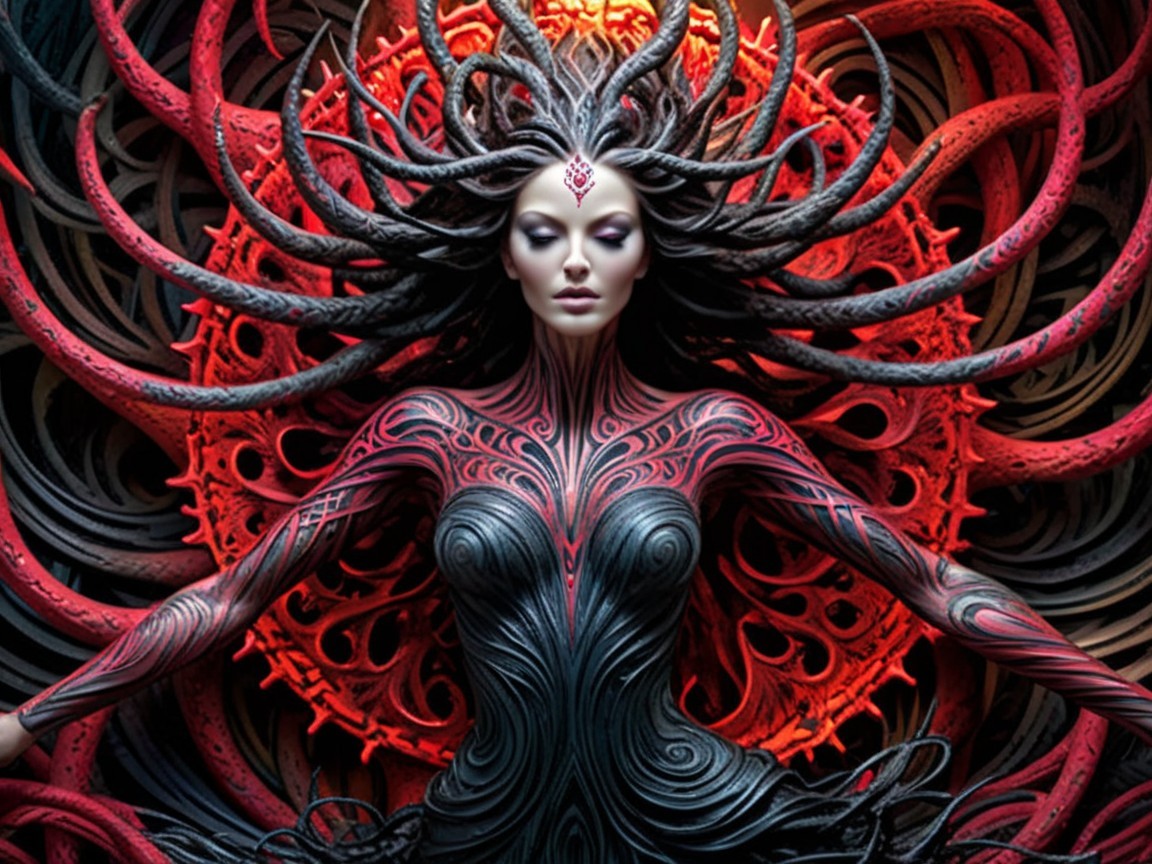 Striking figure with tattoos and dark fluid costume