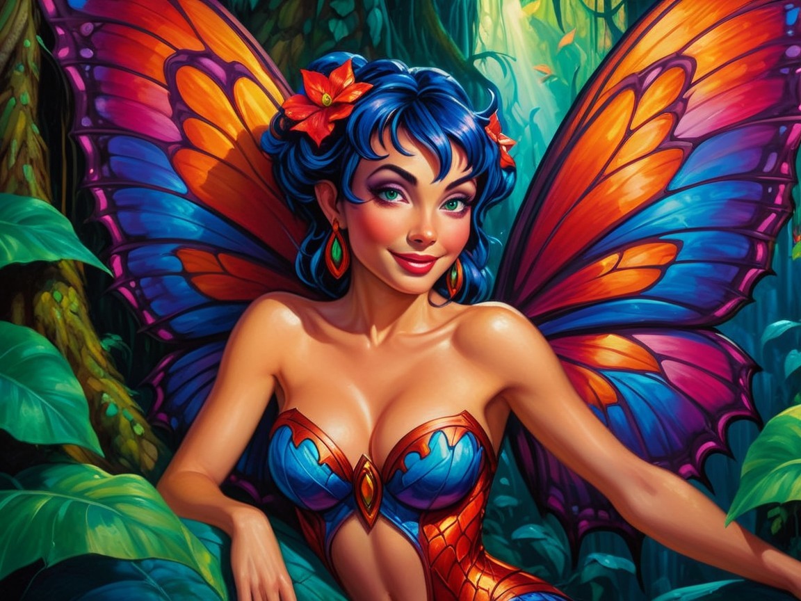 Enchanting Fairy with Blue Hair in Lush Jungle