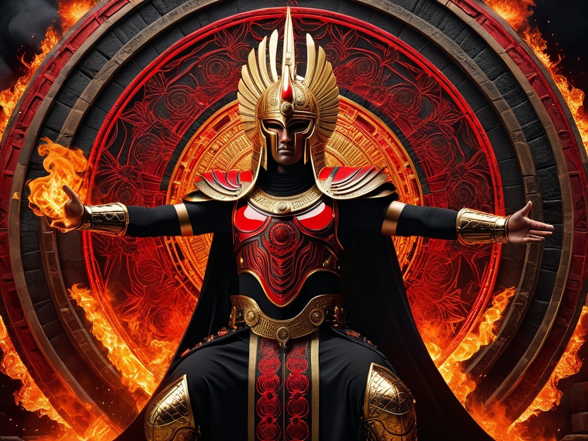 Fantasy Warrior on Throne with Fiery Background