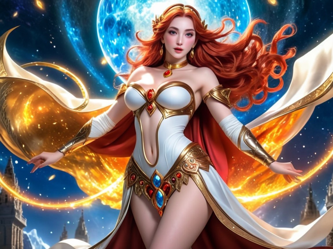 Ethereal Figure in Cosmic Setting with Moons