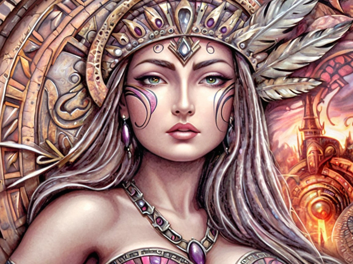 Female figure in tribal jewelry with ornate background