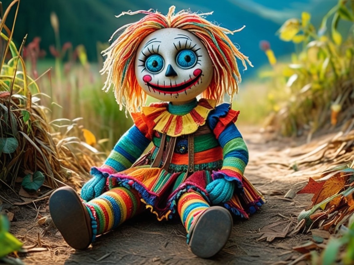 Whimsical Doll in Colorful Dress Surrounded by Nature