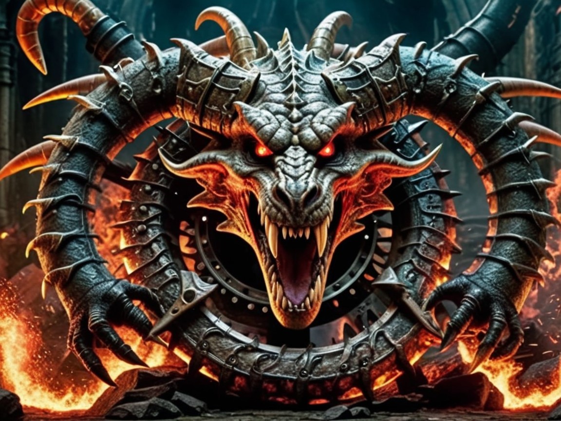 Dragon Head with Metallic Structure in Fiery Landscape