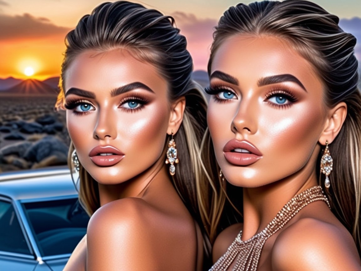 Glamorous Women Against Sunset with Vintage Car