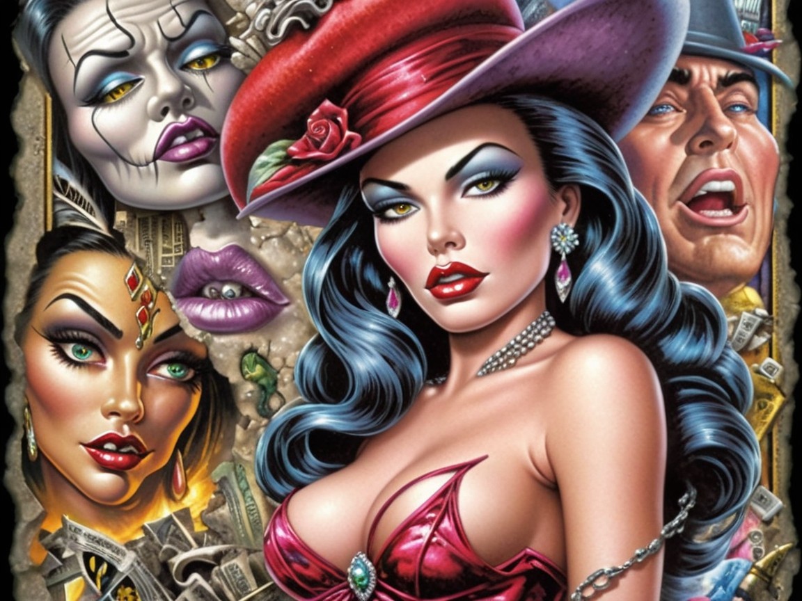 Glamorous Woman in Wide-Brimmed Hat with Characters