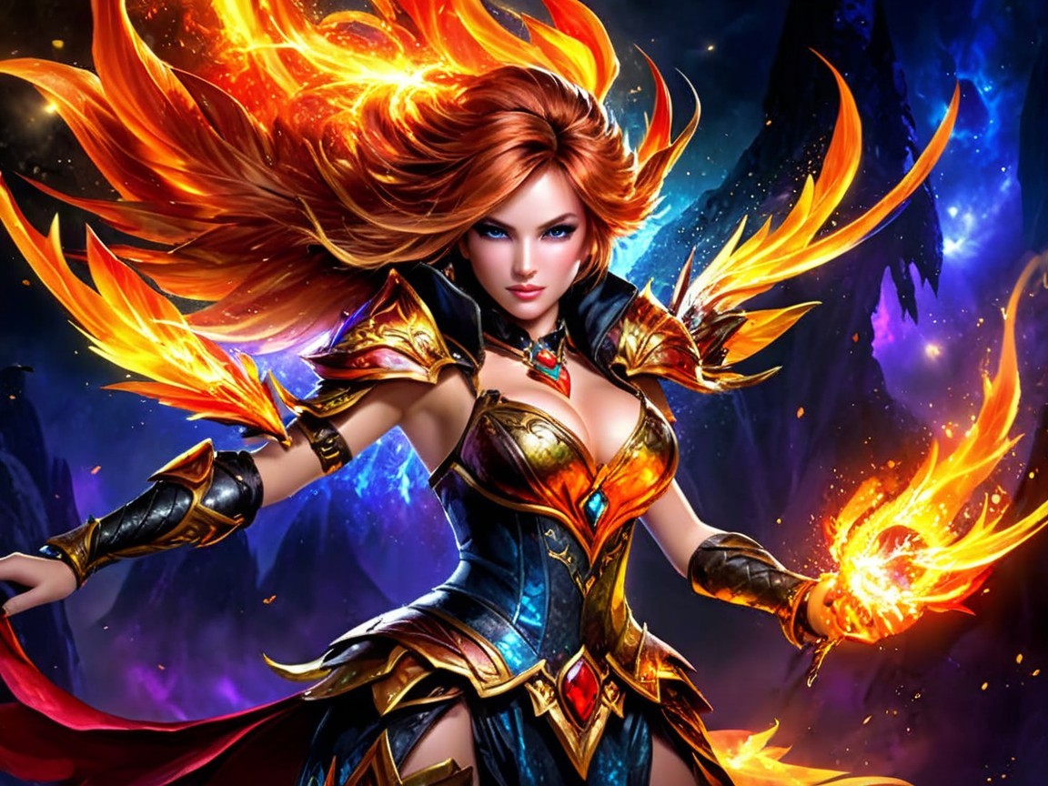 Fierce Female Warrior with Fiery Hair and Magic Flames