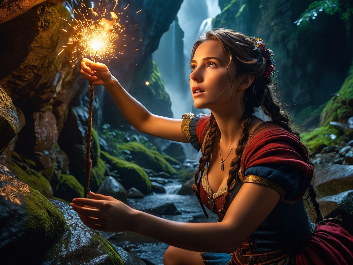 Young woman with glowing spark in mystical forest