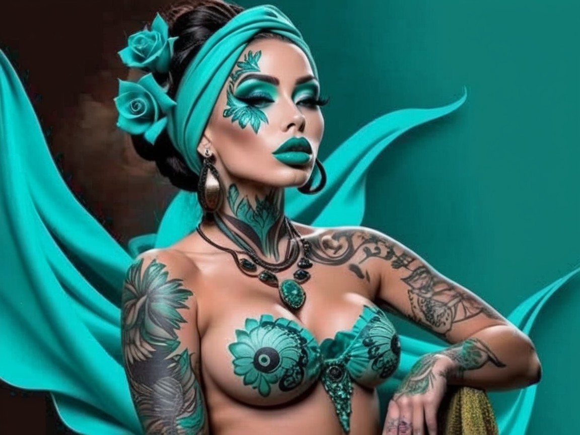 Vibrant Turquoise Figure with Intricate Tattoos and Wrap