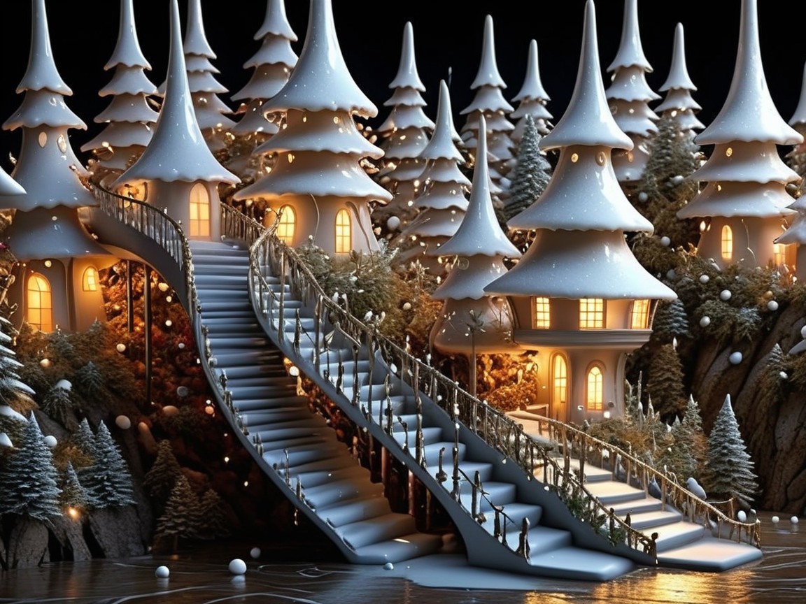 Whimsical 3D Render of a Magical Winter Village