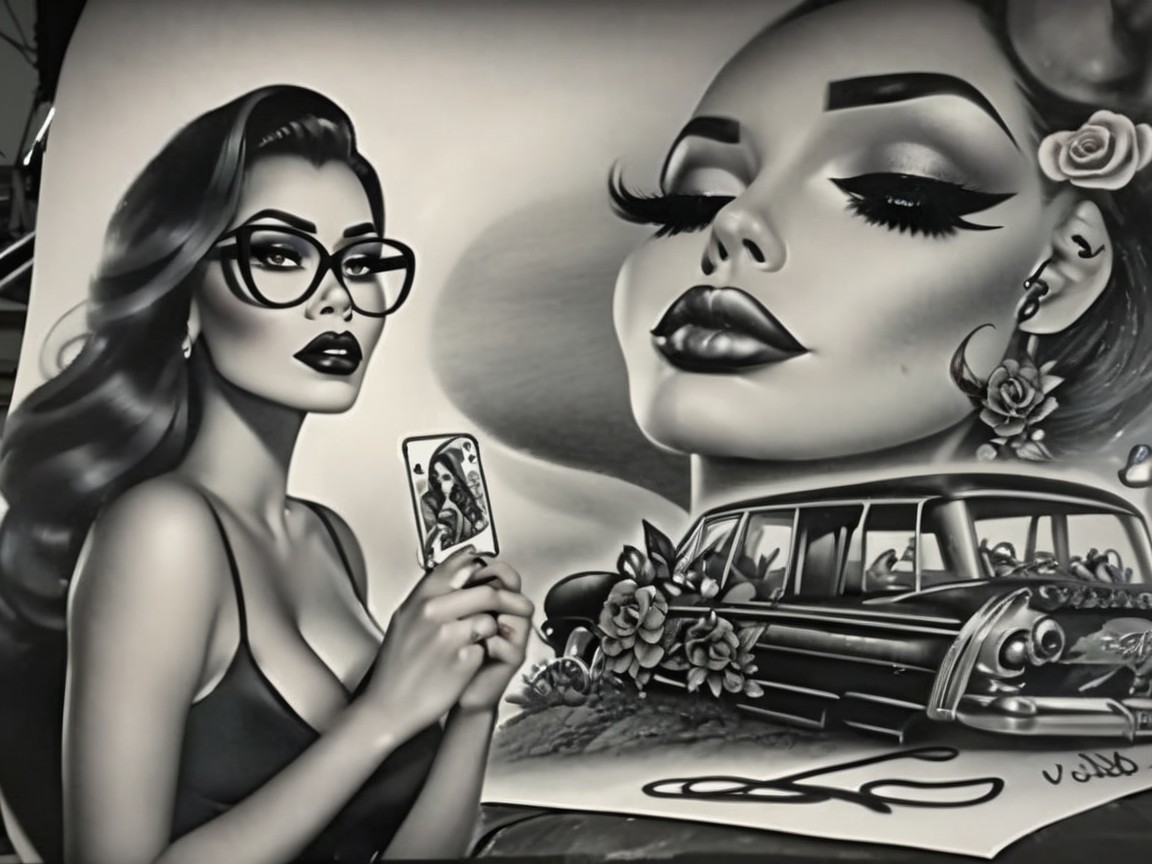Black-and-white mural of glamorous women and vintage car