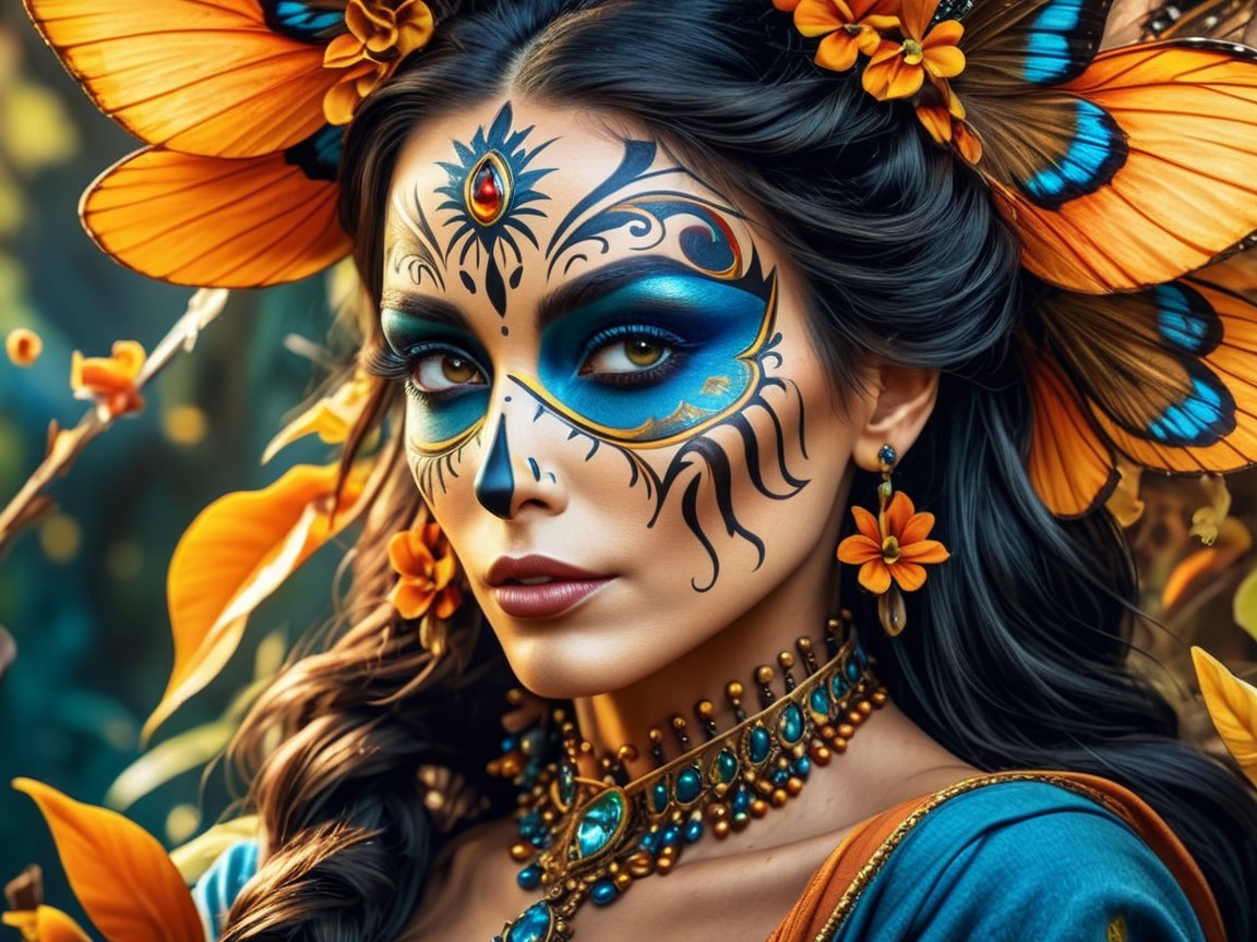 Woman with Blue and Black Face Paint Surrounded by Butterflies