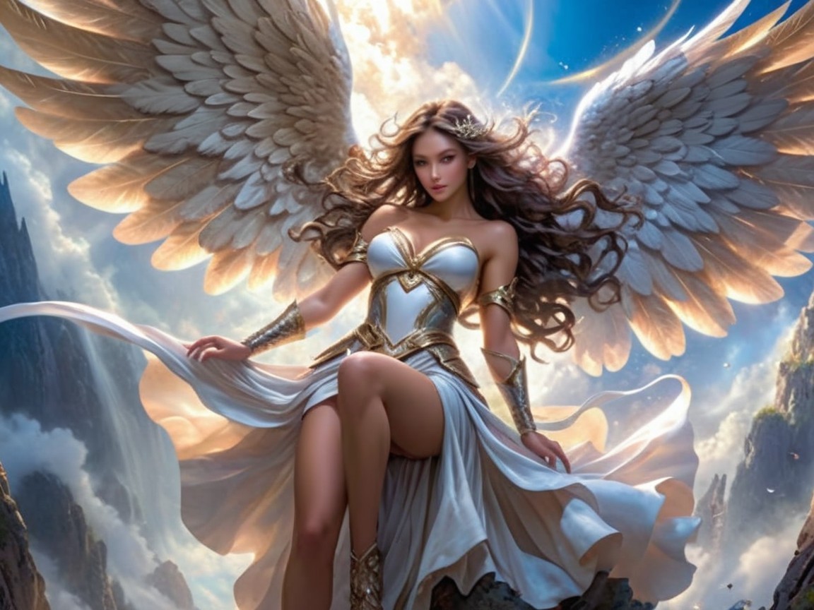 Celestial Figure with Ethereal Wings in Radiant Sky