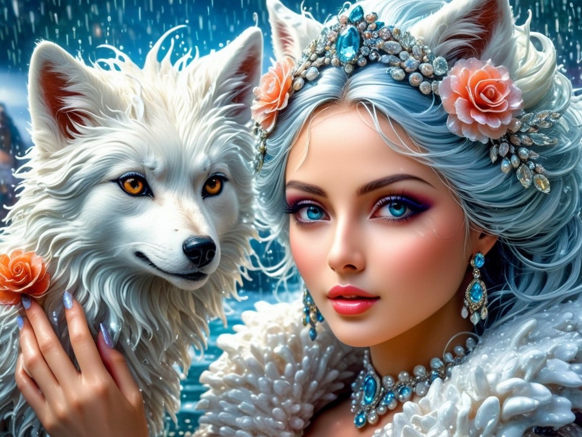 Enchanting Woman with Blue Hair and White Fox