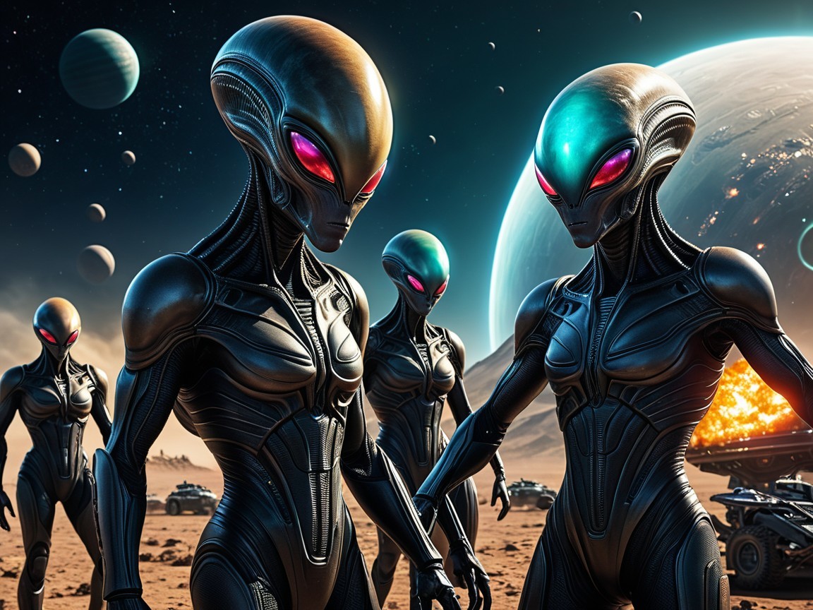 Humanoid Aliens in Futuristic Alien Landscape