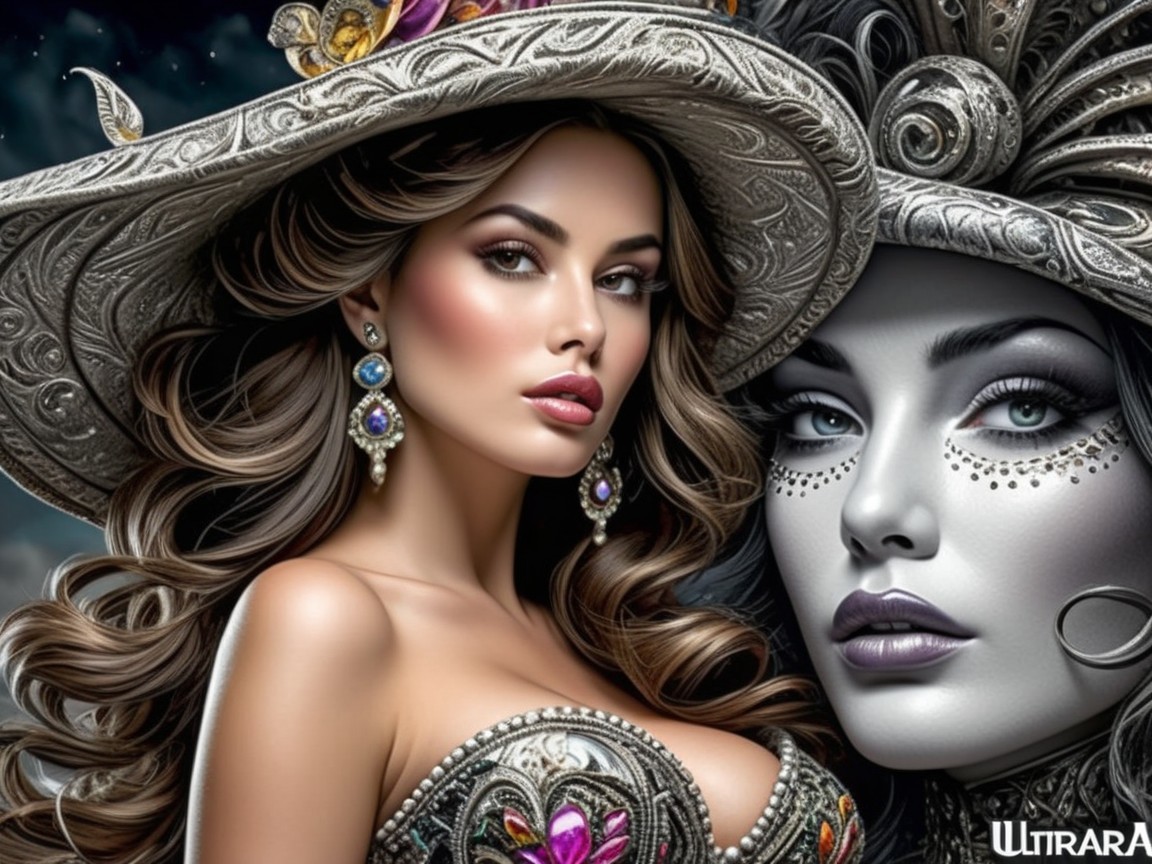 Two Women in Ornate Headwear with Mystical Backdrop